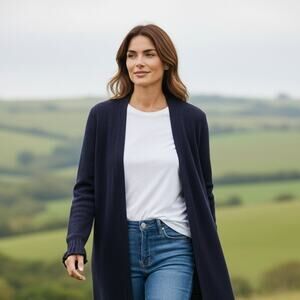 LOFT Cardigan Sweater Womens Large Blue Linen Blend Duster Open Lightweight